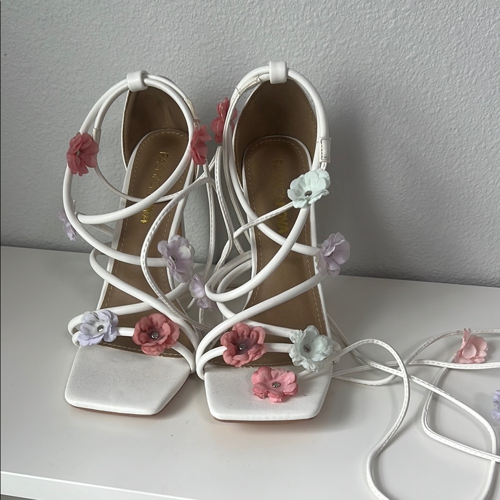 Fashion Nova Floral Embellished White Sandals
